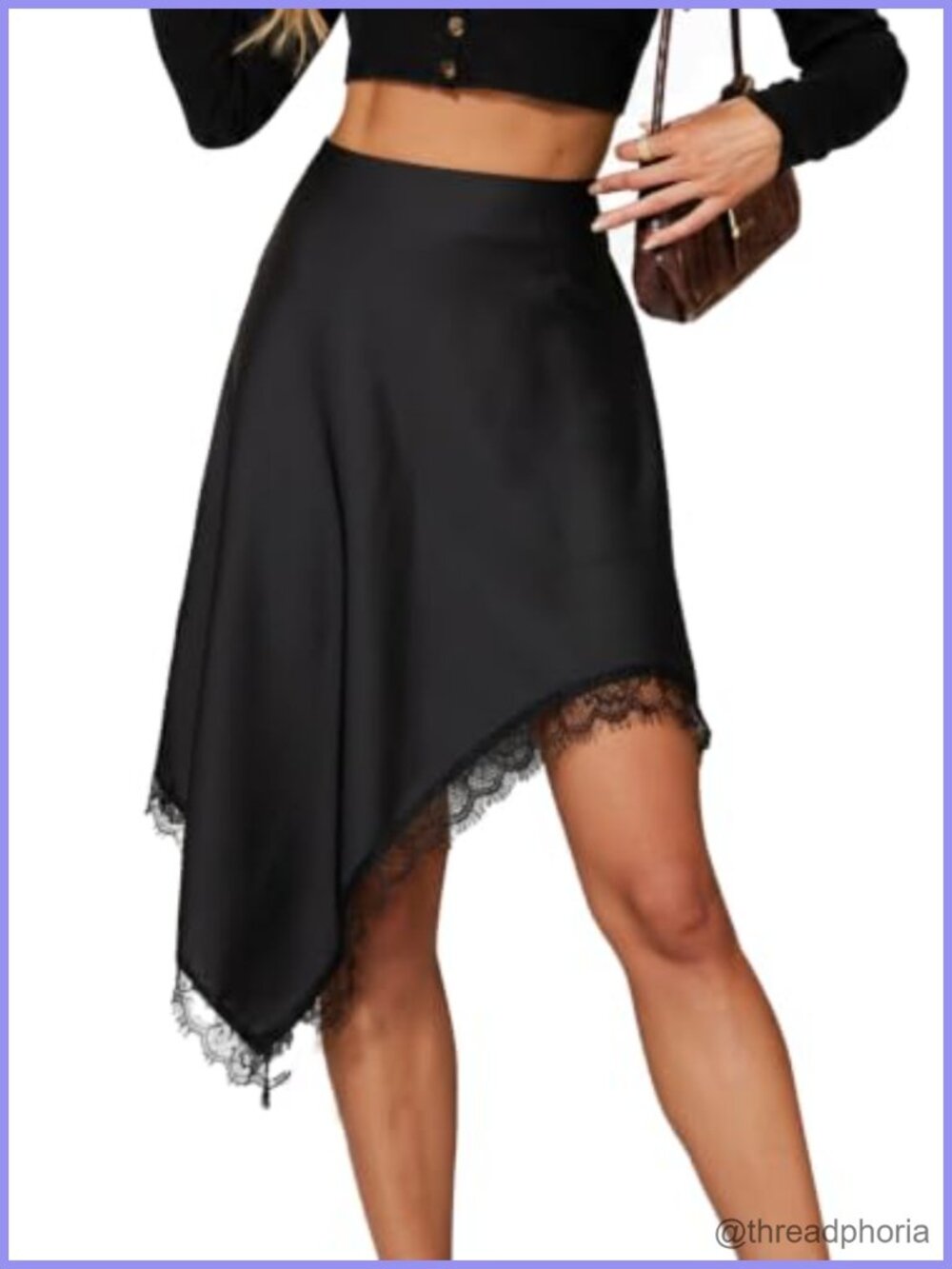 Satin Asymmetrical Midi Skirt Lace Trim Handkerchief Hem